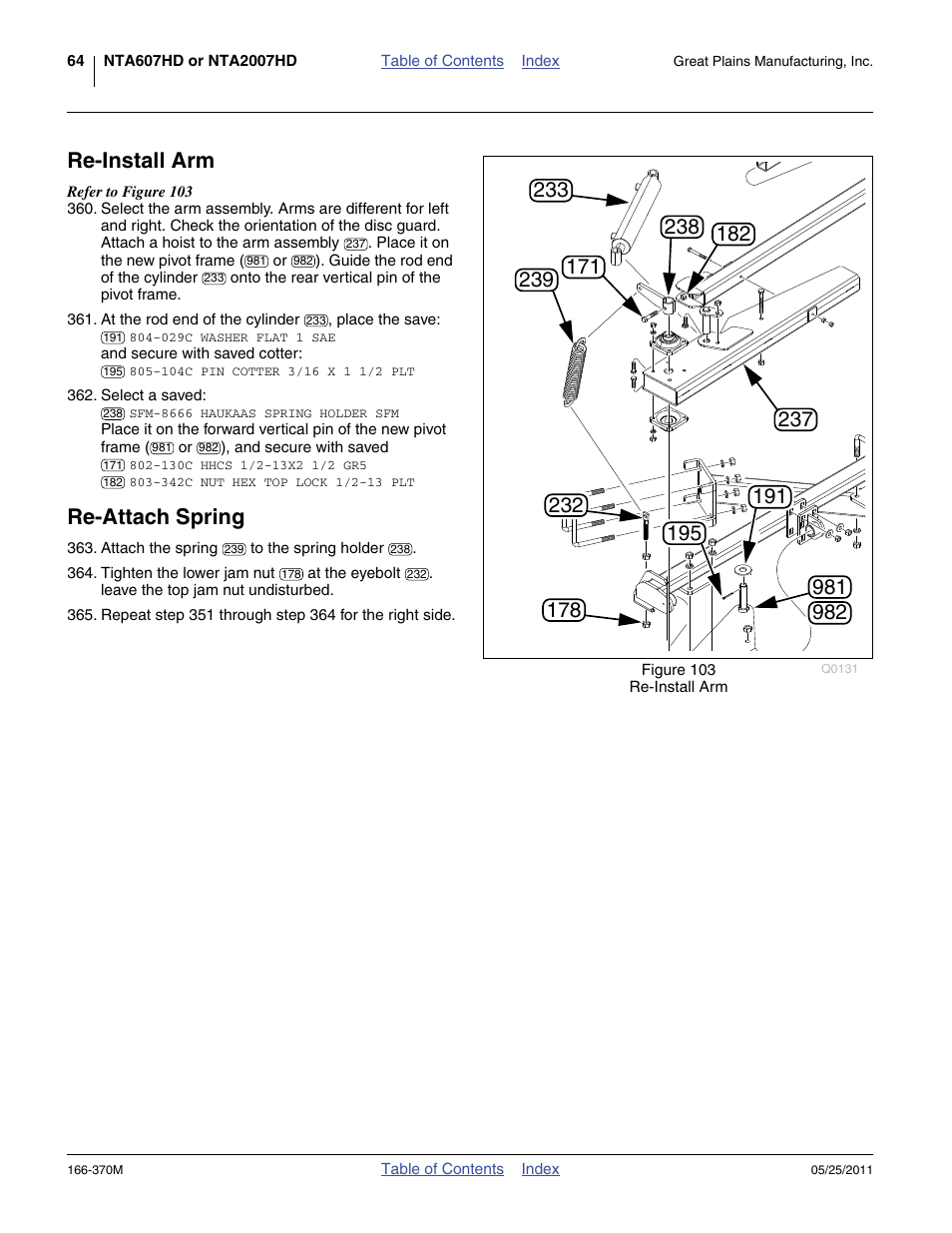 Re-install arm, Re-attach spring, Re-install arm re-attach spring | Great Plains 2007HD  Update Installation User Manual | Page 68 / 106