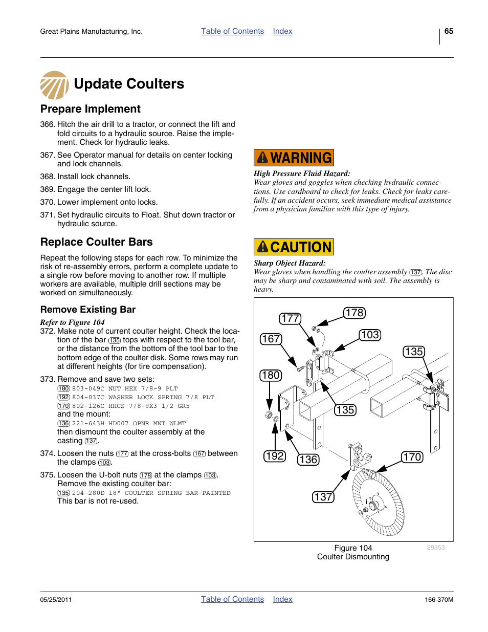 Update coulters, Prepare implement, Replace coulter bars | Remove existing bar | Great Plains 2007HD  Update Installation User Manual | Page 69 / 106