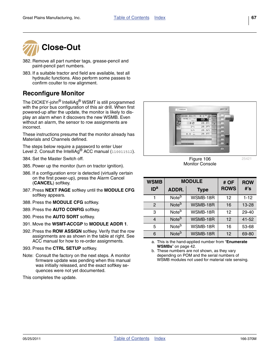 Close-out, Reconfigure monitor, Close-out reconfigure monitor | Great Plains 2007HD  Update Installation User Manual | Page 71 / 106