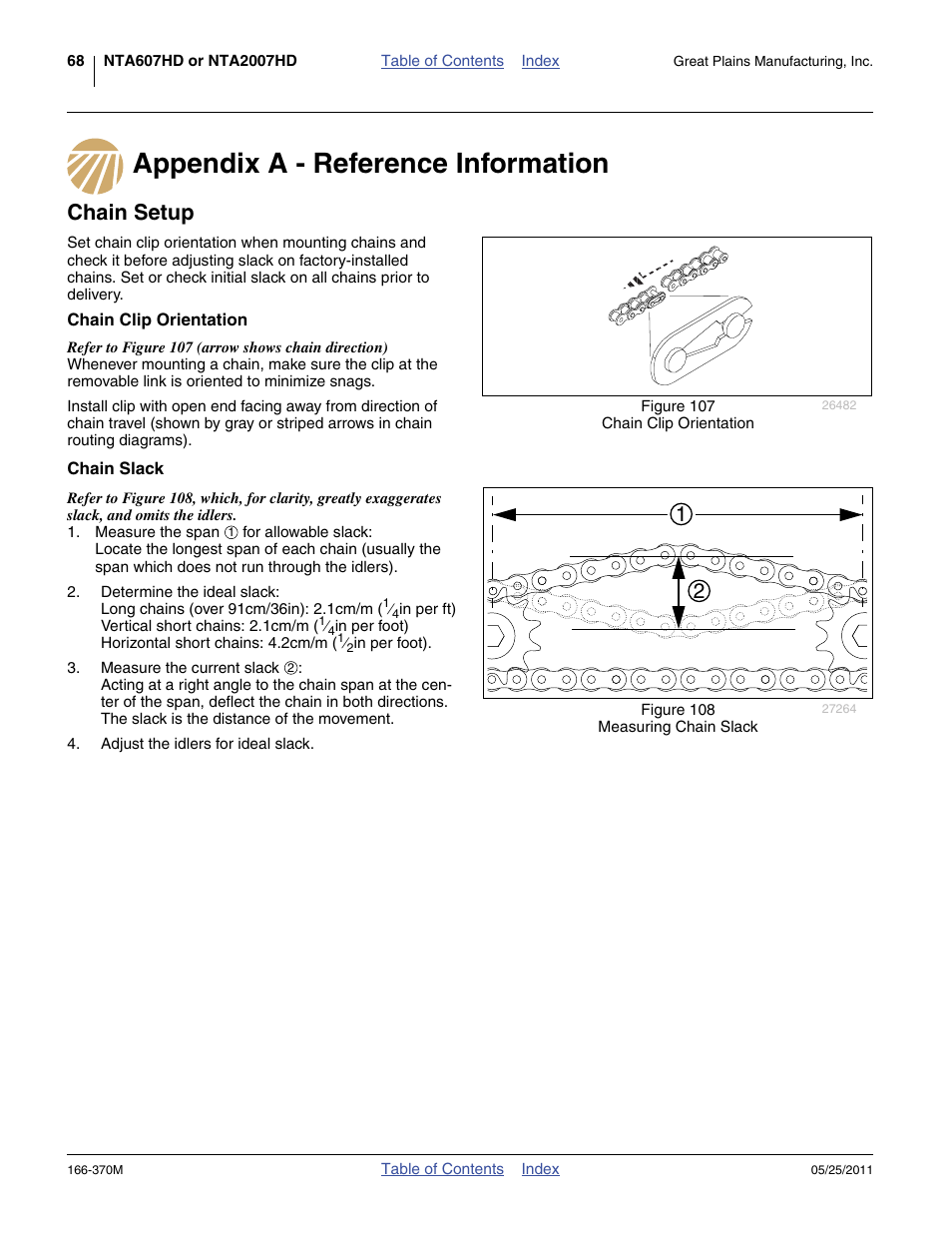 Appendix a - reference information, Chain setup, Chain clip orientation | Chain slack, Appendix a - reference information chain setup, Chain clip orientation chain slack | Great Plains 2007HD  Update Installation User Manual | Page 72 / 106