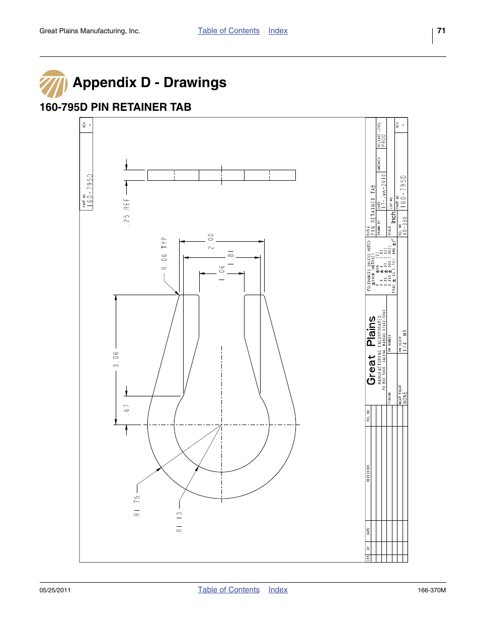 Appendix d - drawings, 795d pin retainer tab, Appendix d - drawings 160-795d pin retainer tab | Great Plains 2007HD  Update Installation User Manual | Page 75 / 106