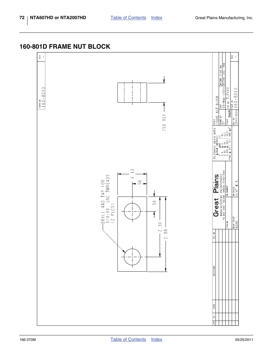 801d frame nut block | Great Plains 2007HD  Update Installation User Manual | Page 76 / 106