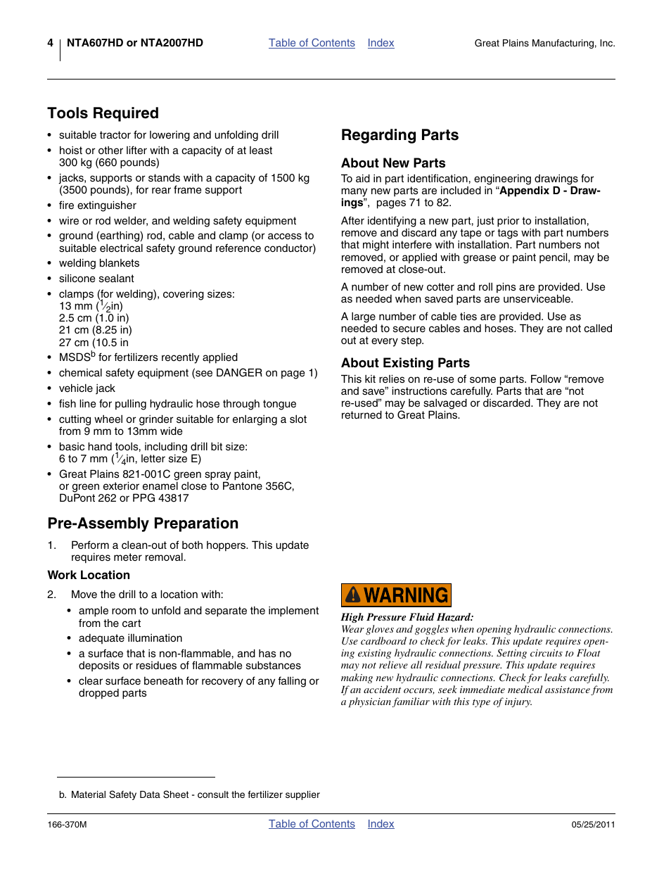 Tools required, Regarding parts, About new parts | About existing parts, Pre-assembly preparation, Work location, Tools required regarding parts, About new parts about existing parts | Great Plains 2007HD  Update Installation User Manual | Page 8 / 106