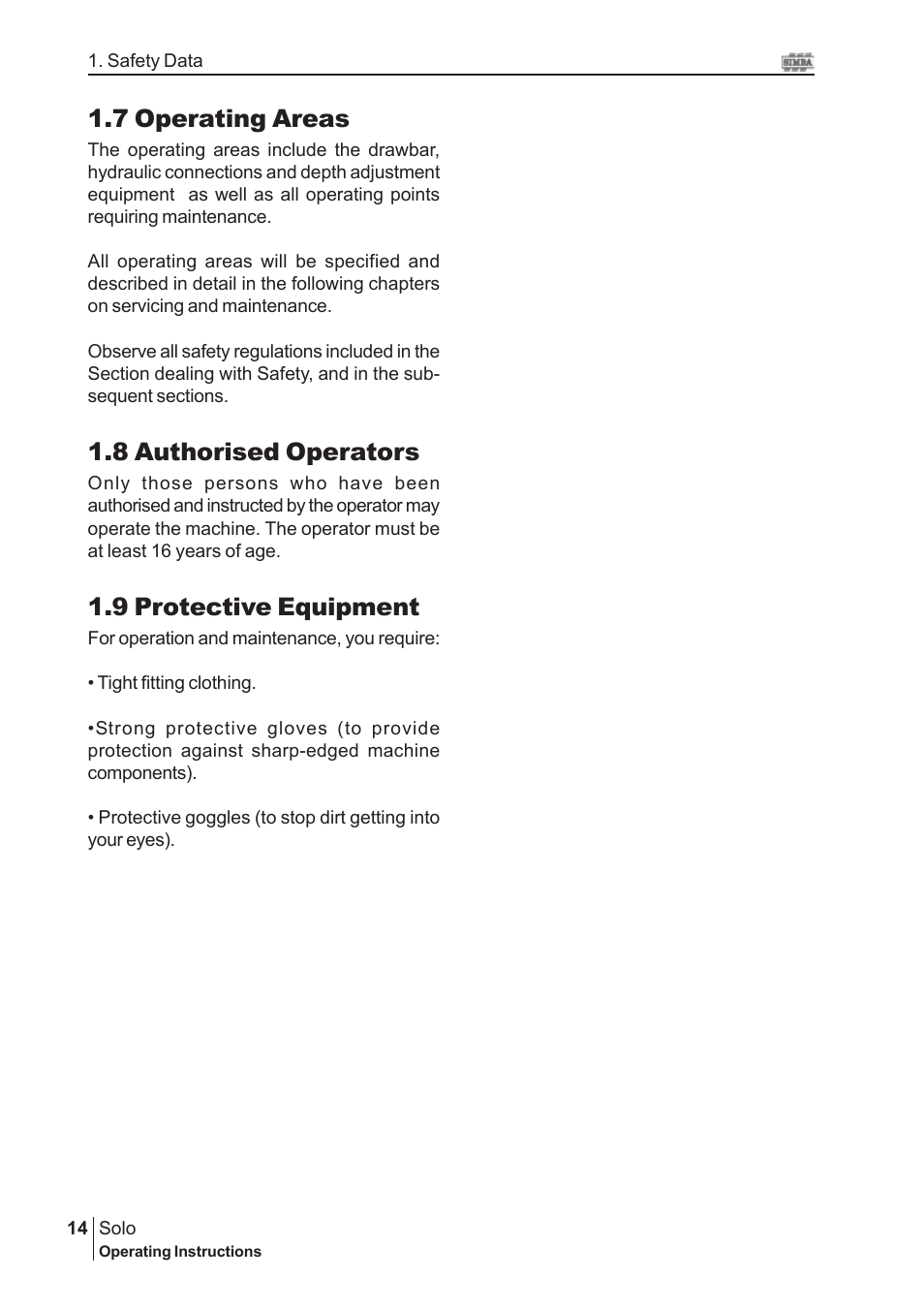 7 operating areas, 8 authorised operators, 9 protective equipment | Great Plains P15061 Serial No 12682 User Manual | Page 14 / 44