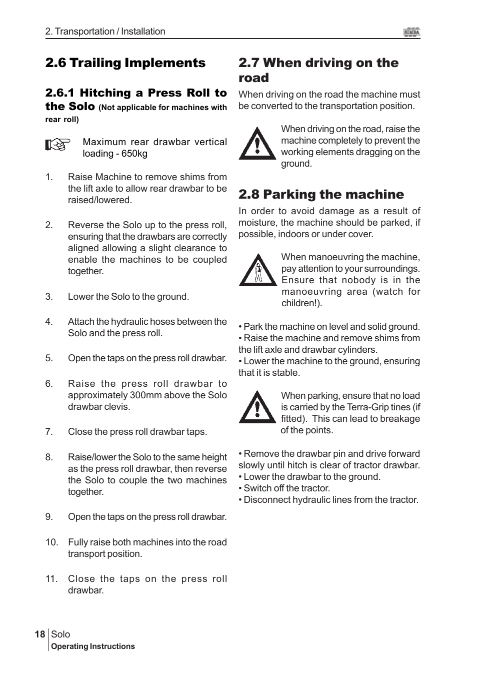 6 trailing implements, 7 when driving on the road, 8 parking the machine | Great Plains P15061 Serial No 12682 User Manual | Page 18 / 44