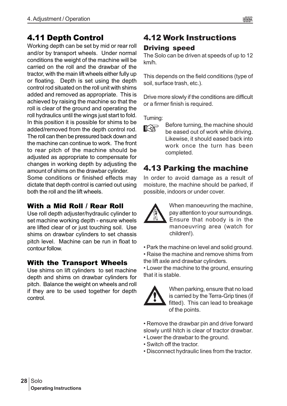 12 work instructions, 11 depth control, 13 parking the machine | Great Plains P15061 Serial No 12682 User Manual | Page 28 / 44