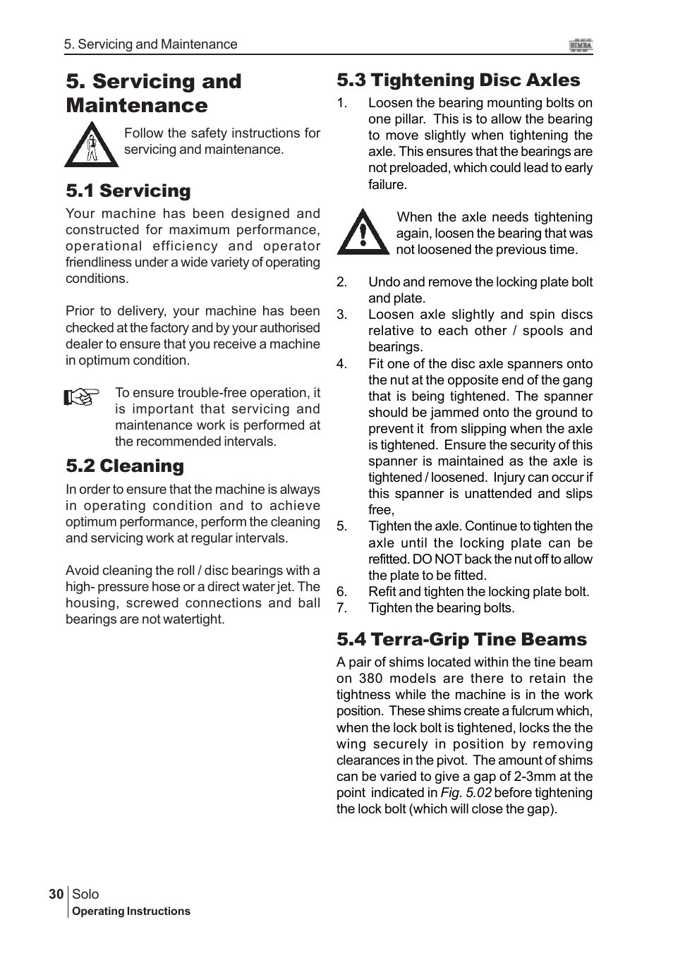 Servicing and maintenance, 1 servicing, 2 cleaning | 3 tightening disc axles, 4 terra-grip tine beams | Great Plains P15061 Serial No 12682 User Manual | Page 30 / 44