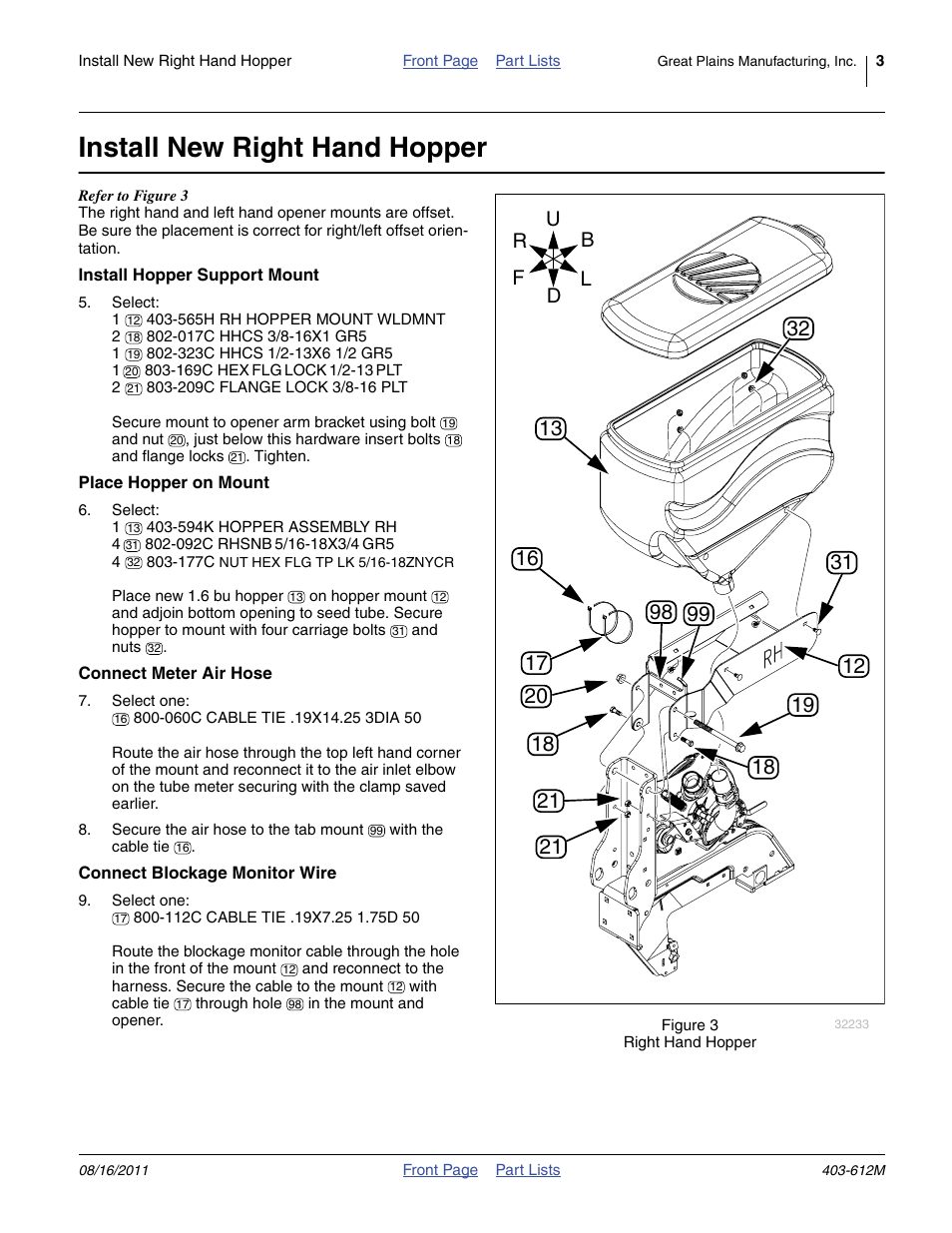 Install new right hand hopper | Great Plains Yield-Pro Planter 1.6 Hopper User Manual | Page 3 / 6