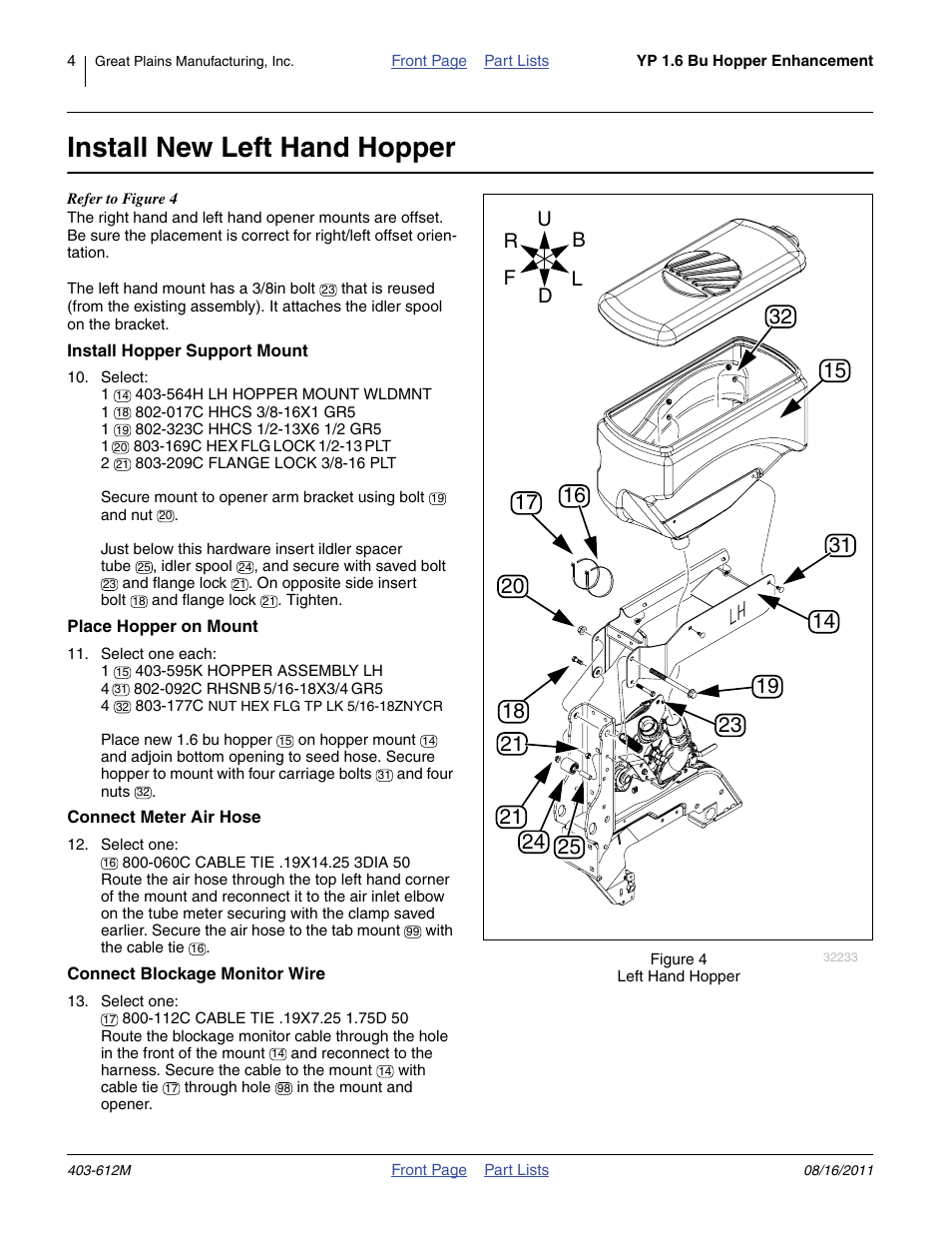 Install new left hand hopper | Great Plains Yield-Pro Planter 1.6 Hopper User Manual | Page 4 / 6