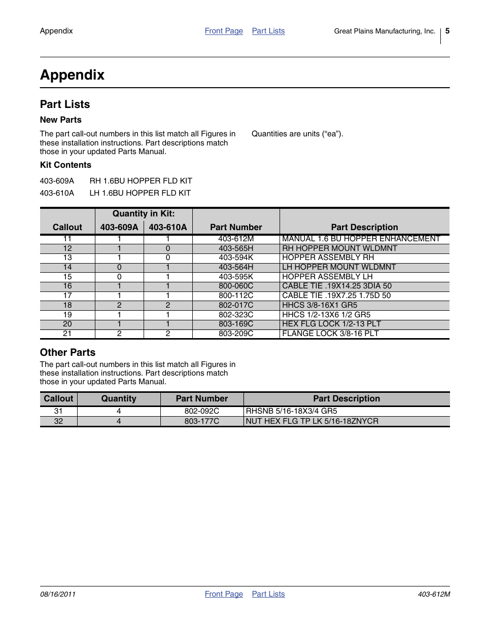 Appendix, Part lists, Ange 11 to 21 ref | 565h rh hopper mount wldmnt, 017c hhcs 3/8-16x1 gr5, 323c hhcs 1/2-13x6 1/2 gr5, 169c hex flg lock 1/2-13 plt, 209c flange lock 3/8-16 plt, Tighten, 594k hopper assembly rh | Great Plains Yield-Pro Planter 1.6 Hopper User Manual | Page 5 / 6