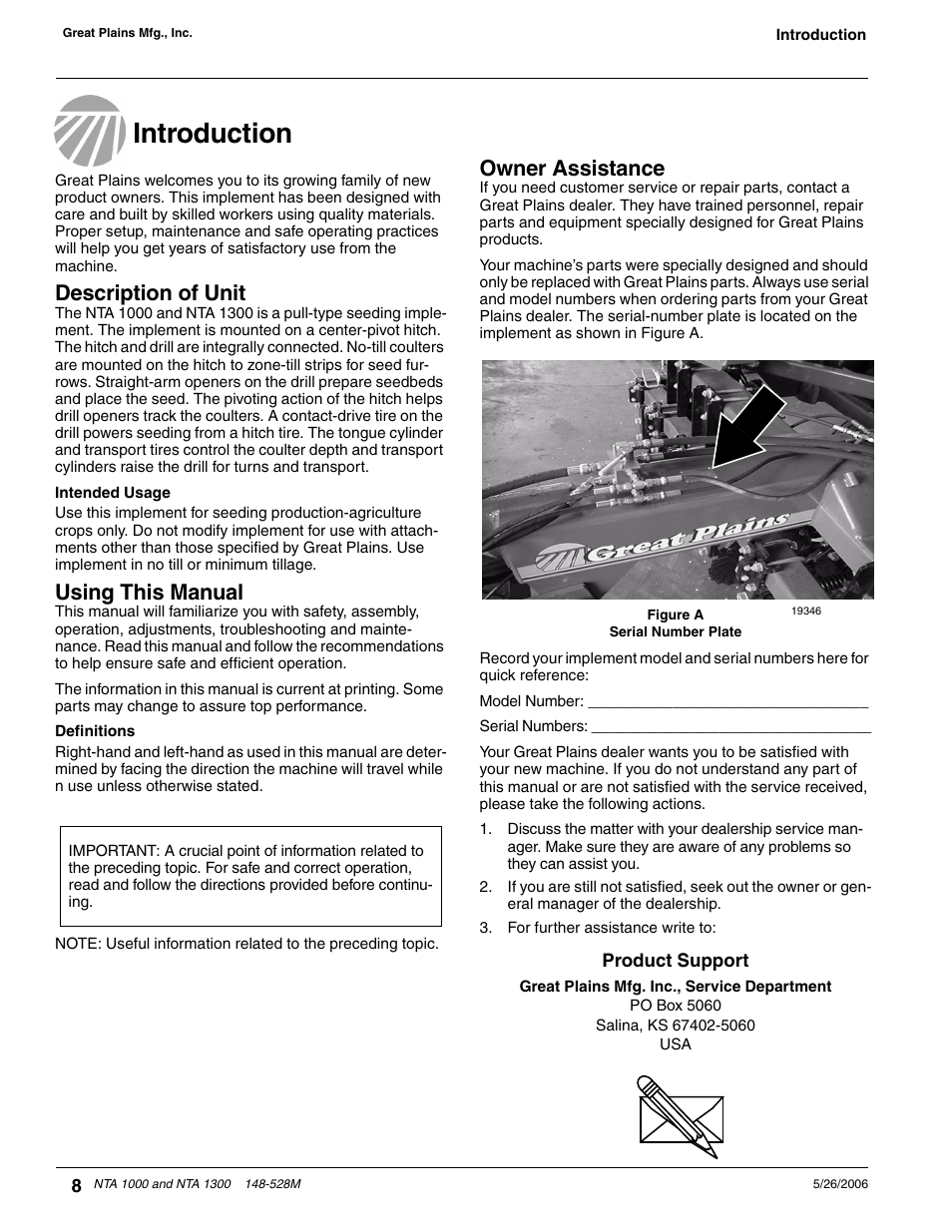 Introduction, Description of unit using this manual, Definitions | Owner assistance, Description of unit, Using this manual | Great Plains NTA1300 Operator Manual User Manual | Page 10 / 41
