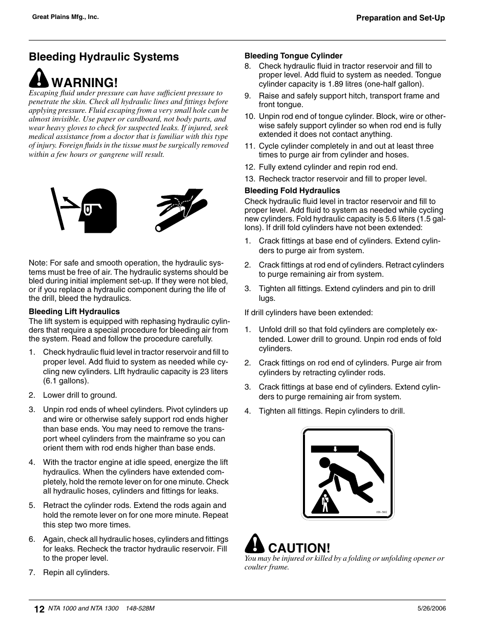 Bleeding hydraulic systems, Warning, Caution | Great Plains NTA1300 Operator Manual User Manual | Page 14 / 41