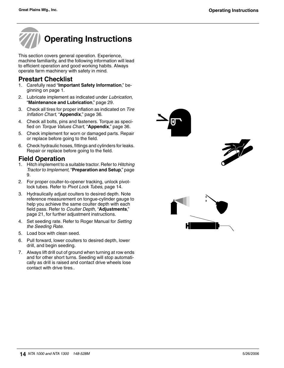 Operating instructions, Prestart checklist field operation, Prestart checklist | Field operation | Great Plains NTA1300 Operator Manual User Manual | Page 16 / 41