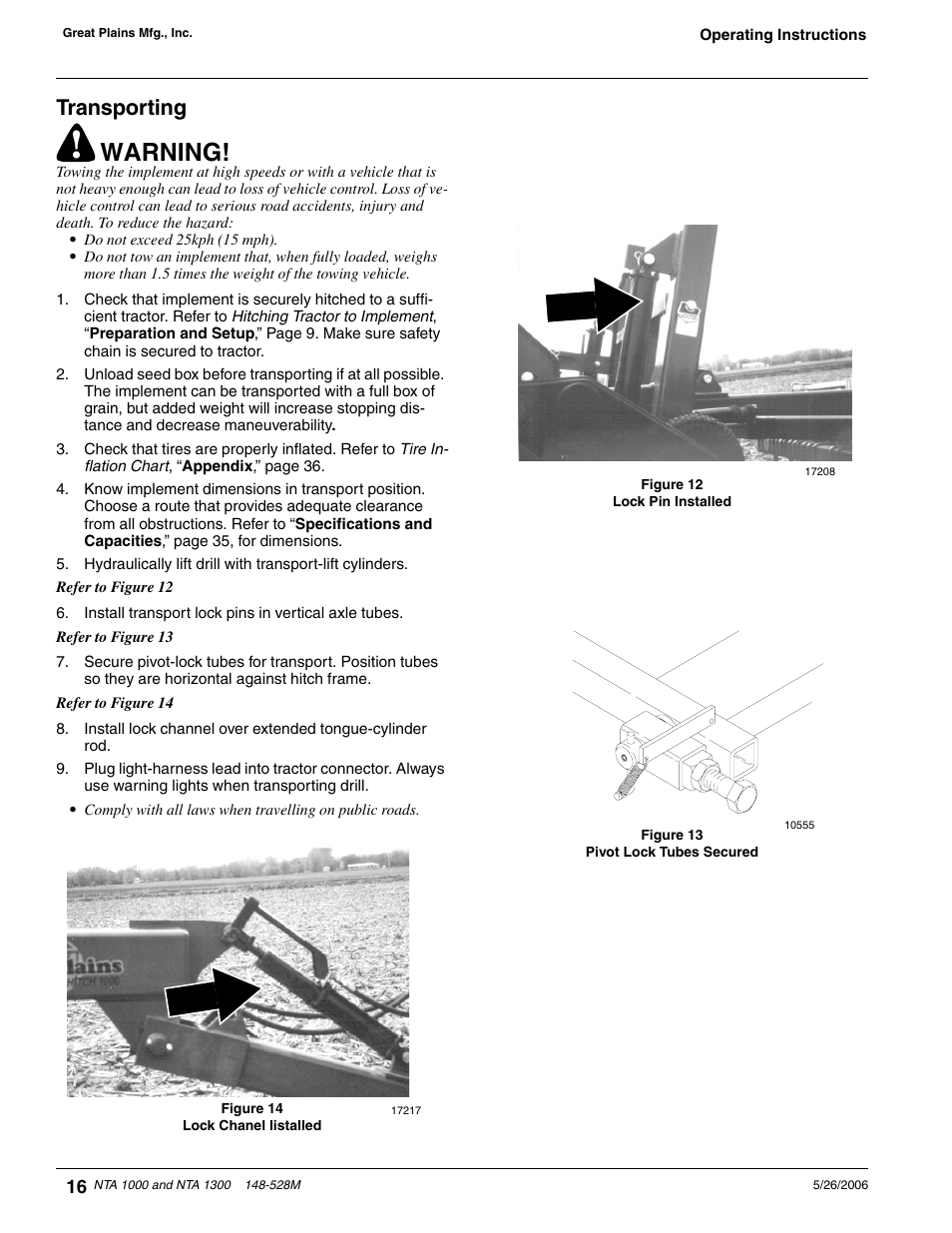 Transporting, Warning | Great Plains NTA1300 Operator Manual User Manual | Page 18 / 41