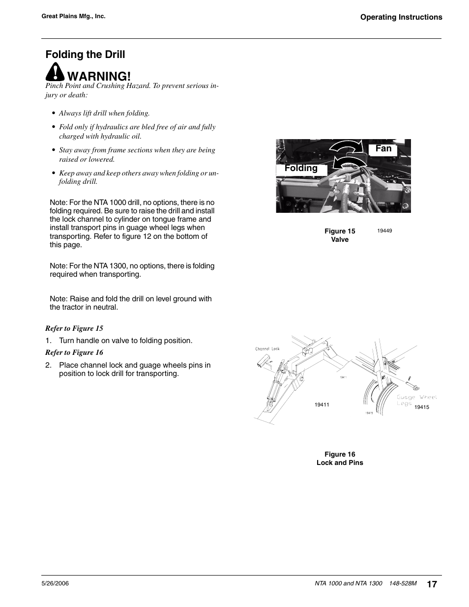 Folding the drill, Warning | Great Plains NTA1300 Operator Manual User Manual | Page 19 / 41