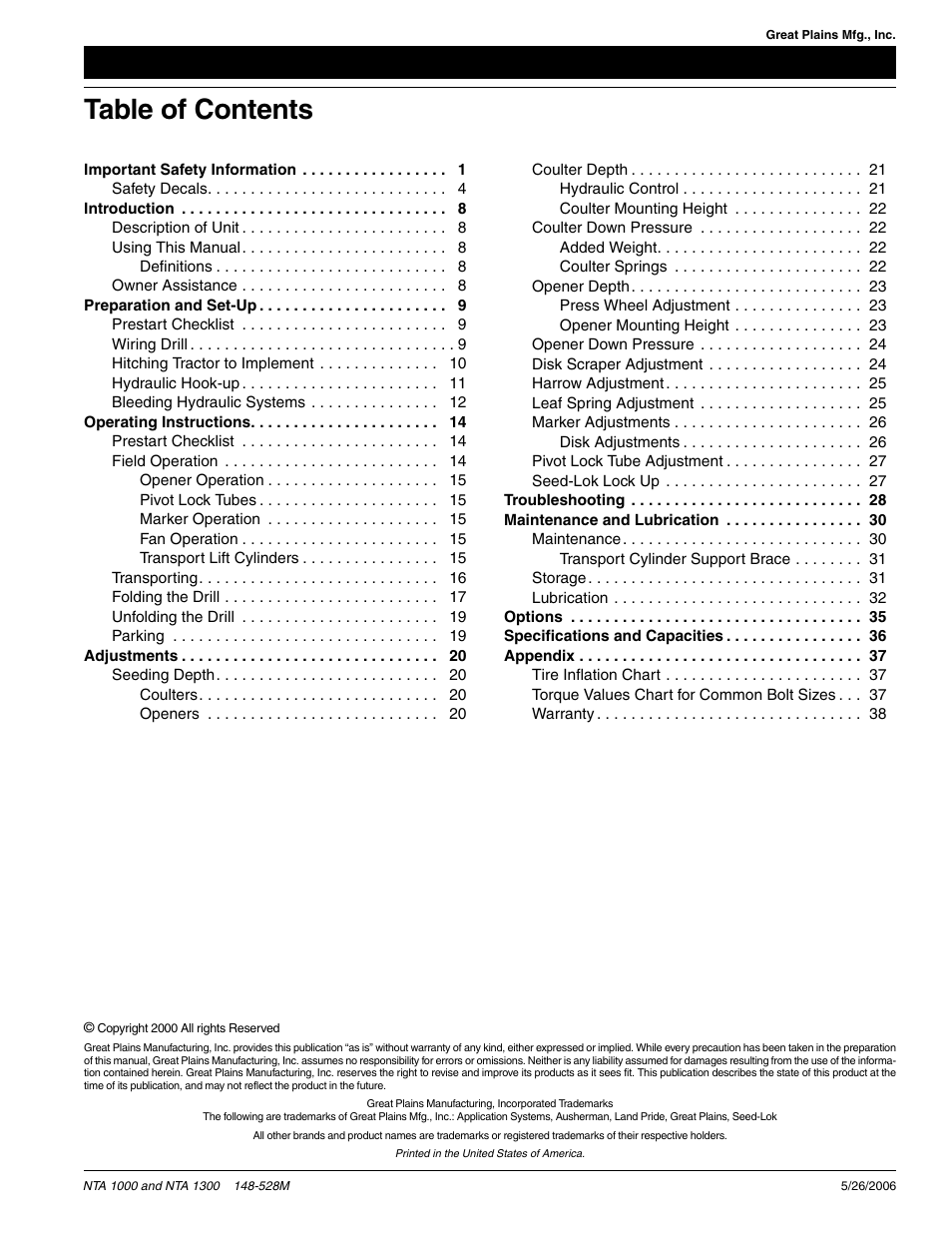 Great Plains NTA1300 Operator Manual User Manual | Page 2 / 41