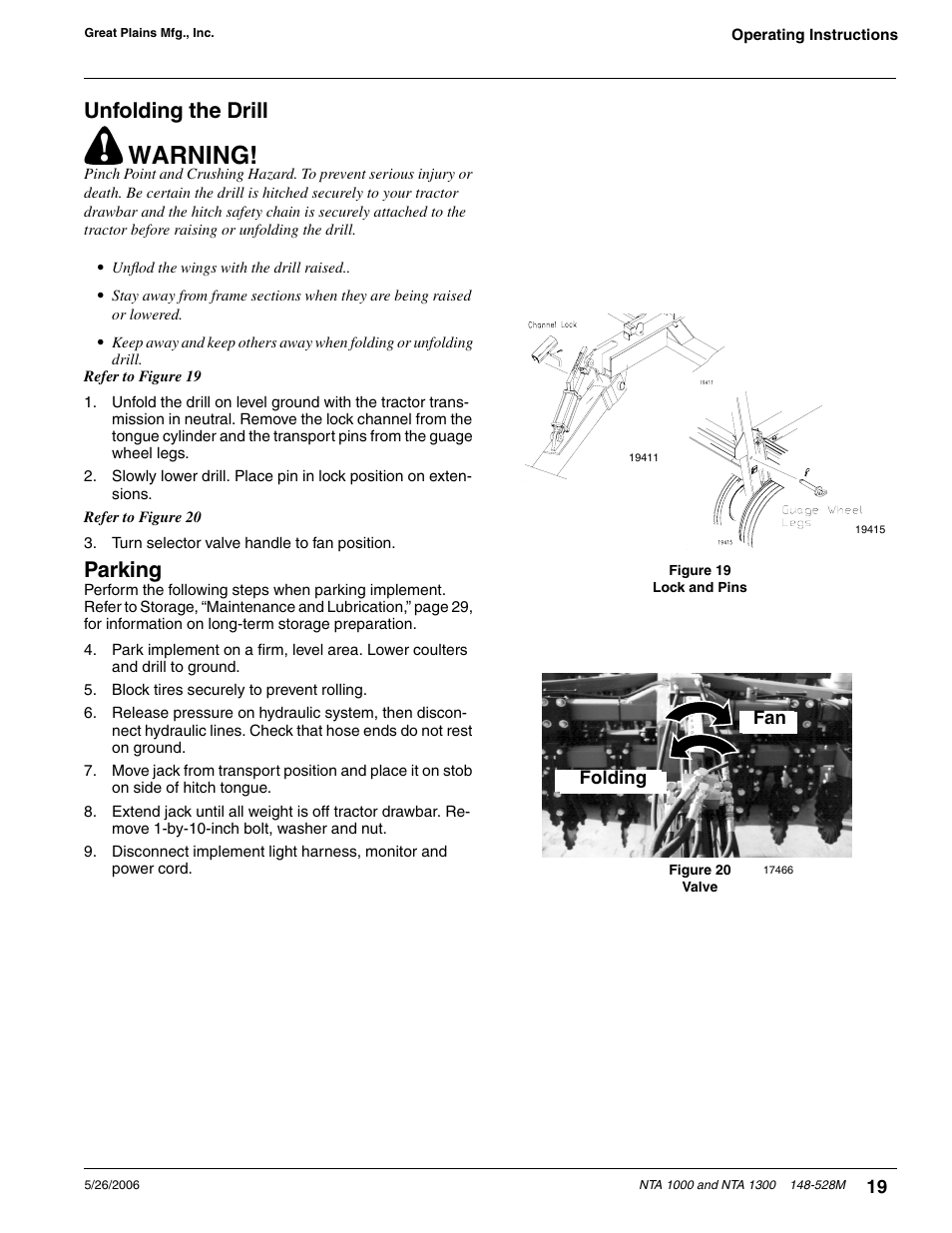 Unfolding the drill parking, Warning, Unfolding the drill | Parking | Great Plains NTA1300 Operator Manual User Manual | Page 21 / 41