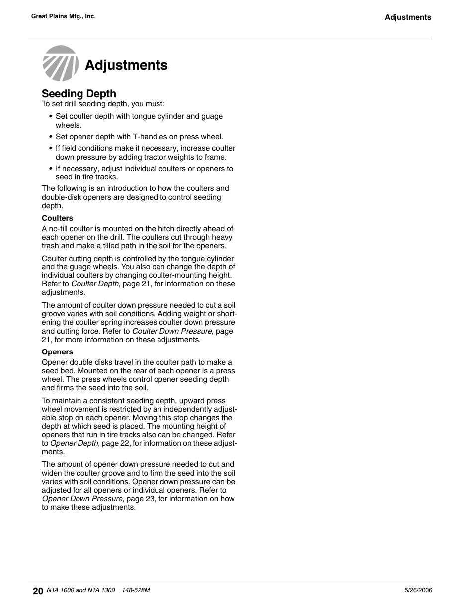 Adjustments, Seeding depth, Coulters openers | Great Plains NTA1300 Operator Manual User Manual | Page 22 / 41
