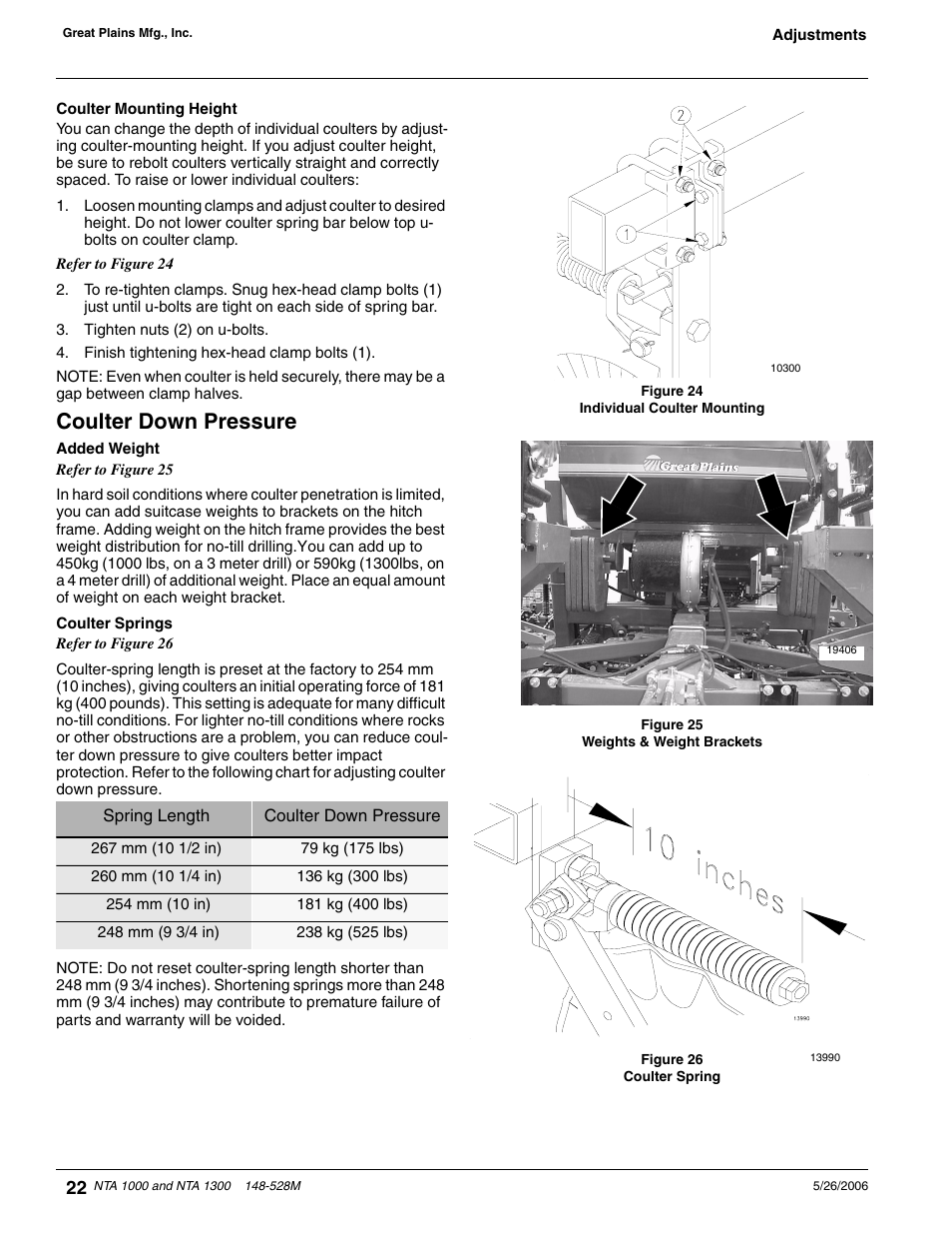 Coulter mounting height, Coulter down pressure, Added weight coulter springs | Great Plains NTA1300 Operator Manual User Manual | Page 24 / 41