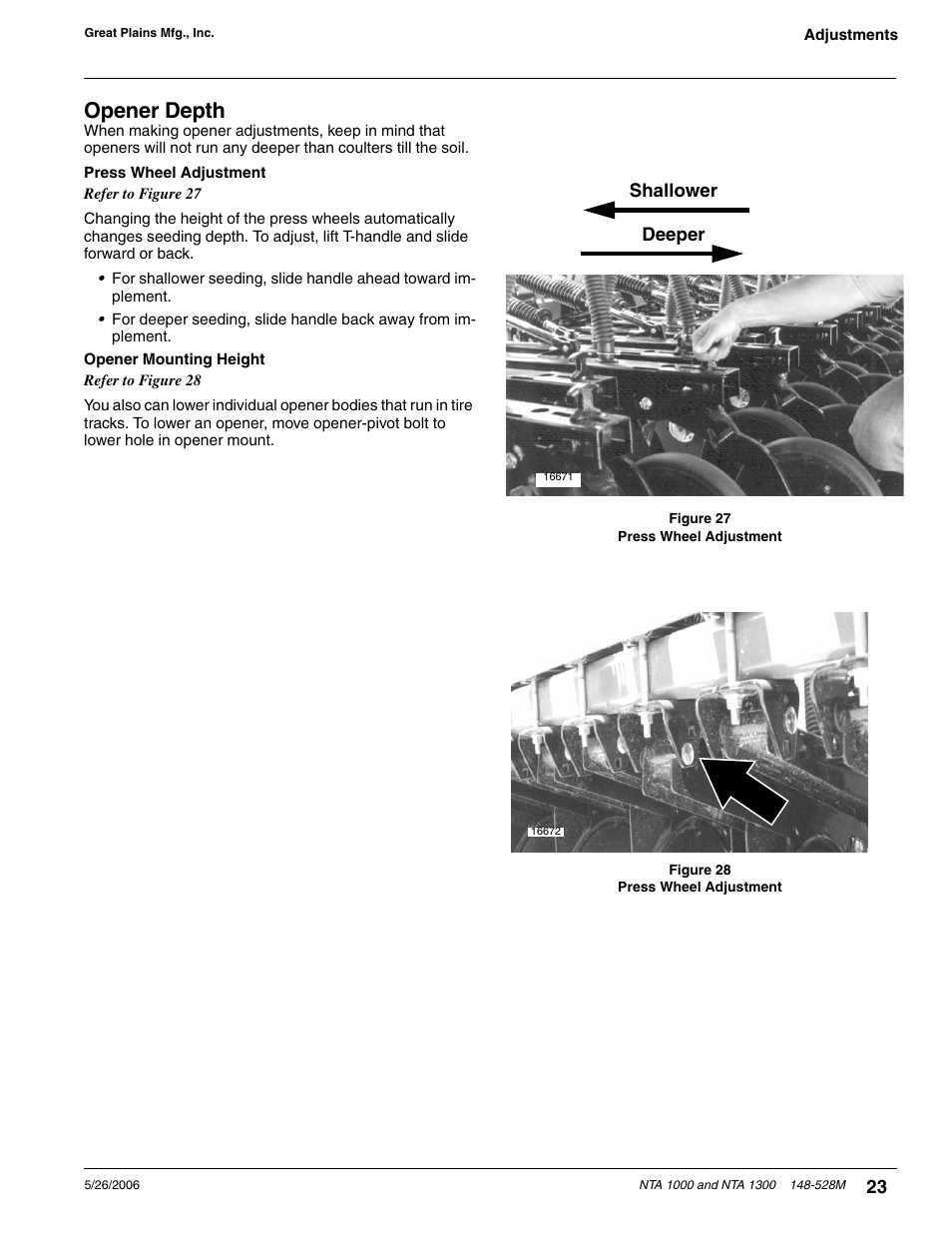 Opener depth, Press wheel adjustment opener mounting height | Great Plains NTA1300 Operator Manual User Manual | Page 25 / 41