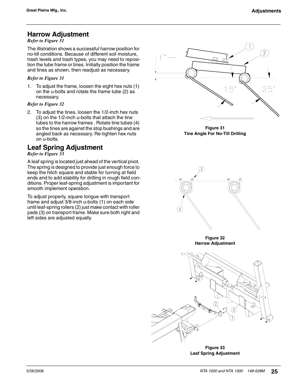 Harrow adjustment leaf spring adjustment, Harrow adjustment, Leaf spring adjustment | Great Plains NTA1300 Operator Manual User Manual | Page 27 / 41