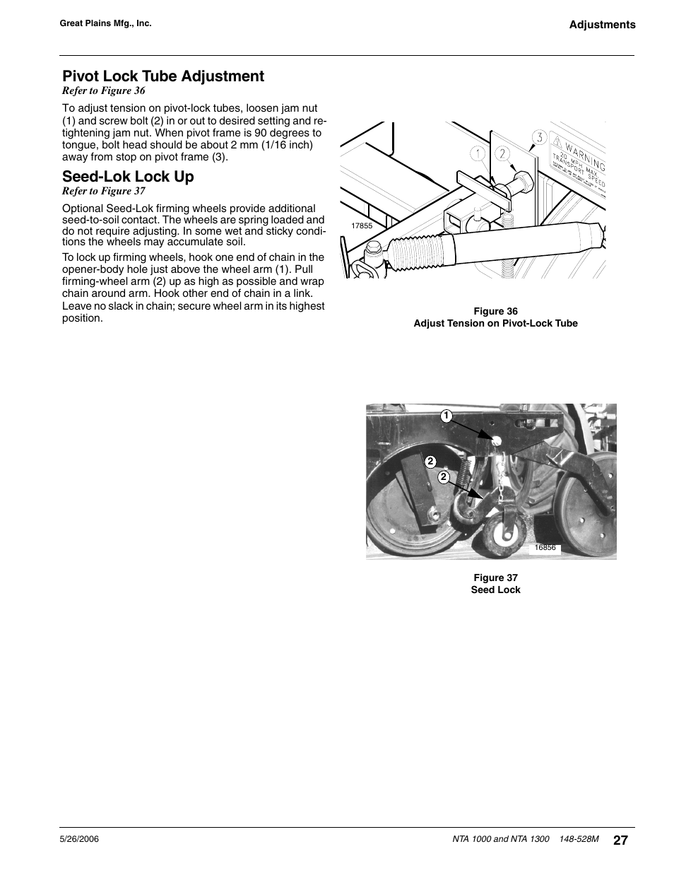 Pivot lock tube adjustment seed-lok lock up, Pivot lock tube adjustment, Seed-lok lock up | Great Plains NTA1300 Operator Manual User Manual | Page 29 / 41
