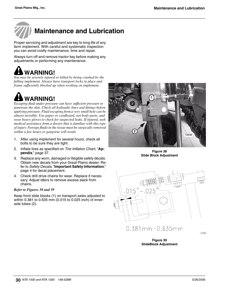 Maintenance and lubrication, Warning | Great Plains NTA1300 Operator Manual User Manual | Page 32 / 41