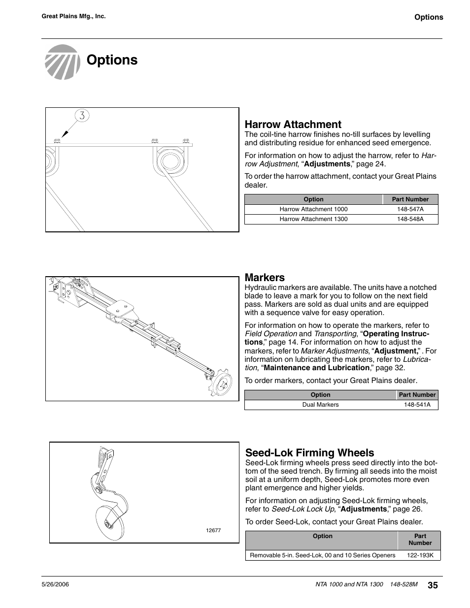 Options, Markers, Harrow attachment | Seed-lok firming wheels | Great Plains NTA1300 Operator Manual User Manual | Page 37 / 41