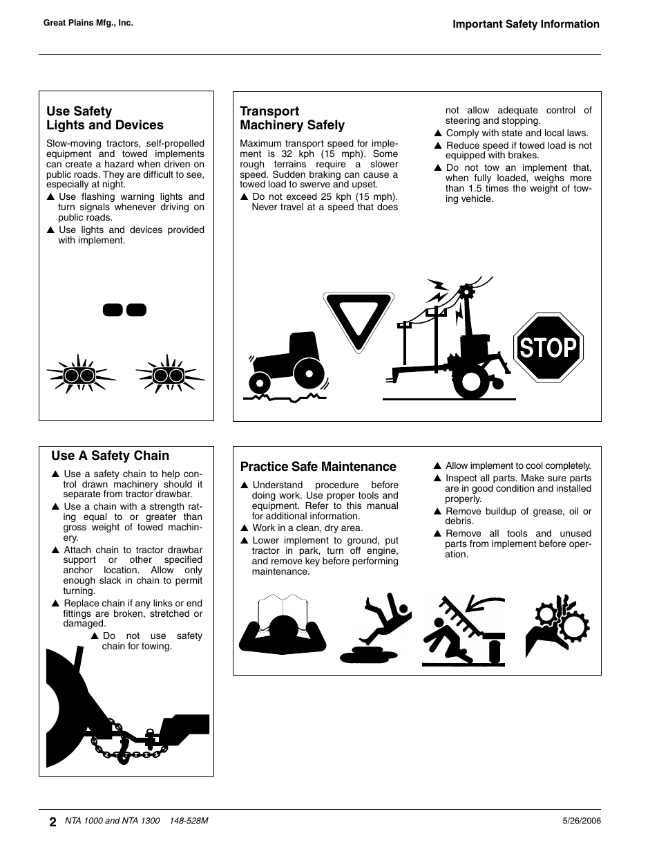 Transport machinery safely, Use safety lights and devices, Practice safe maintenance | Use a safety chain | Great Plains NTA1300 Operator Manual User Manual | Page 4 / 41