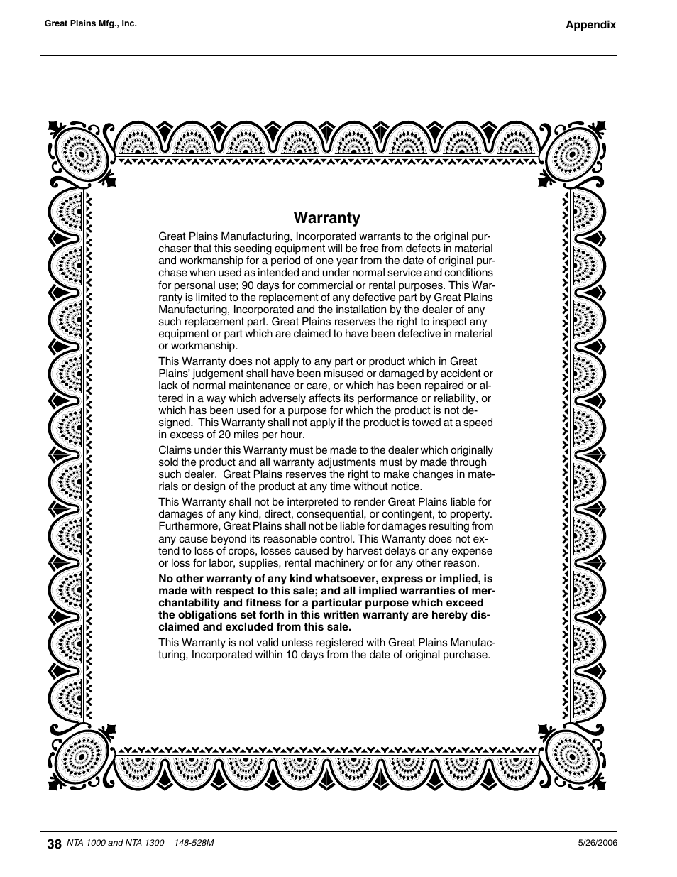 Warranty | Great Plains NTA1300 Operator Manual User Manual | Page 40 / 41