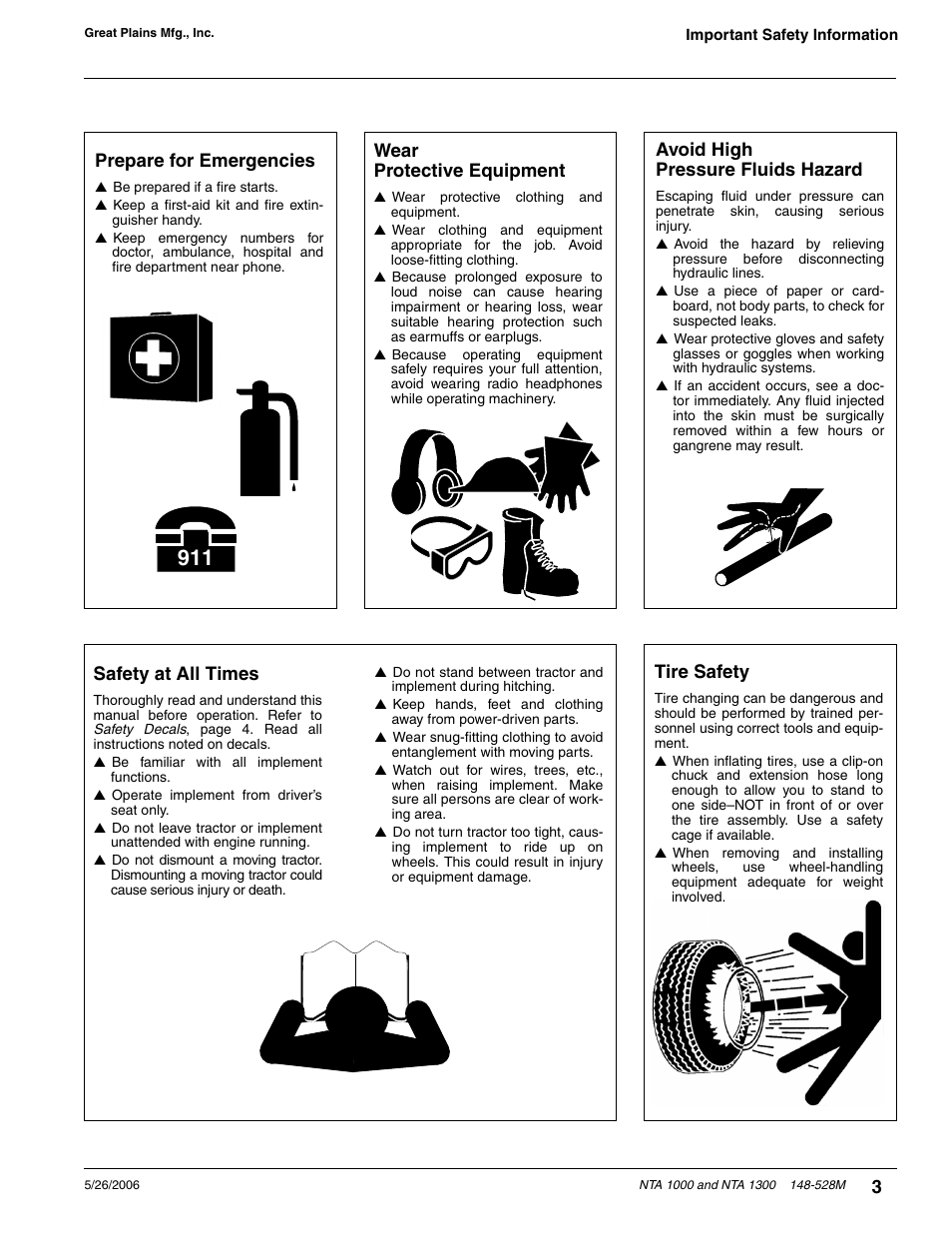 Prepare for emergencies, Tire safety, Wear protective equipment | Avoid high pressure fluids hazard, Safety at all times | Great Plains NTA1300 Operator Manual User Manual | Page 5 / 41