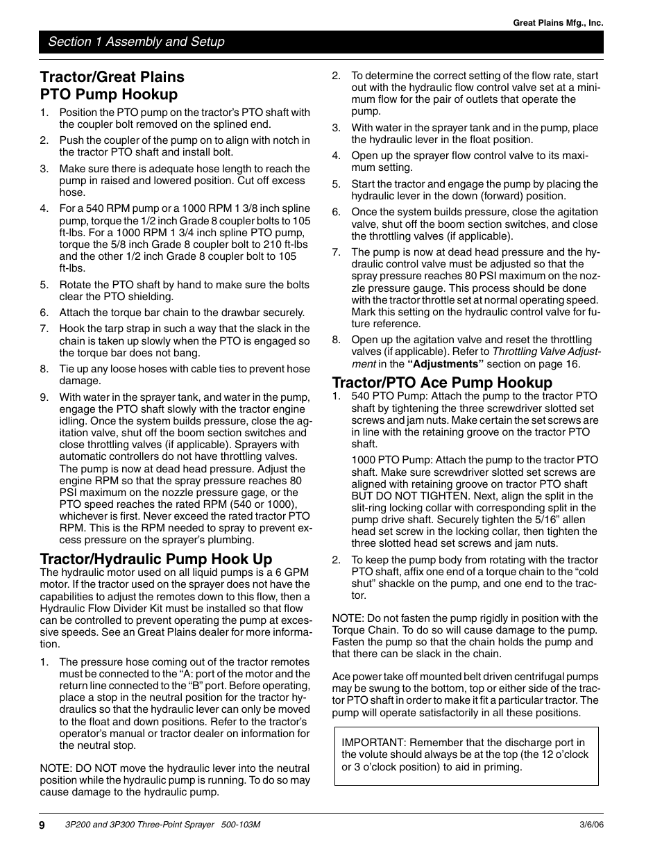 Tractor/great plains pto pump hookup, Tractor/hydraulic pump hook up, Tractor/pto ace pump hookup | Great Plains 3P300 Operator Manual User Manual | Page 11 / 29