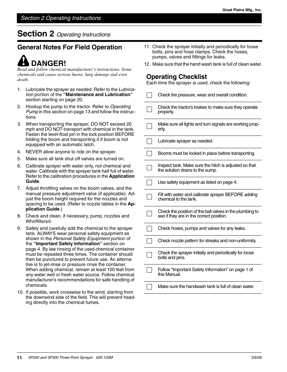 Danger, Operating checklist | Great Plains 3P300 Operator Manual User Manual | Page 13 / 29