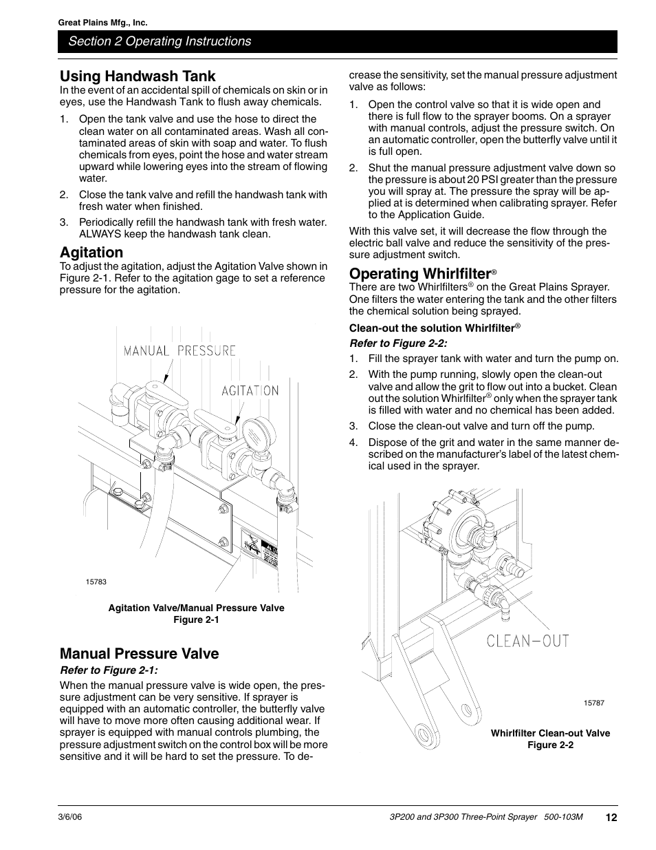 Using handwash tank, Agitation, Manual pressure valve | Operating whirlfilter | Great Plains 3P300 Operator Manual User Manual | Page 14 / 29