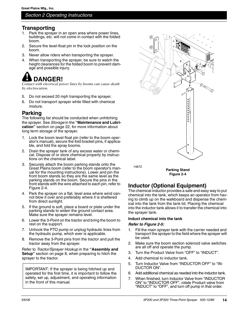 Danger, Transporting, Parking | Inductor (optional equipment) | Great Plains 3P300 Operator Manual User Manual | Page 16 / 29