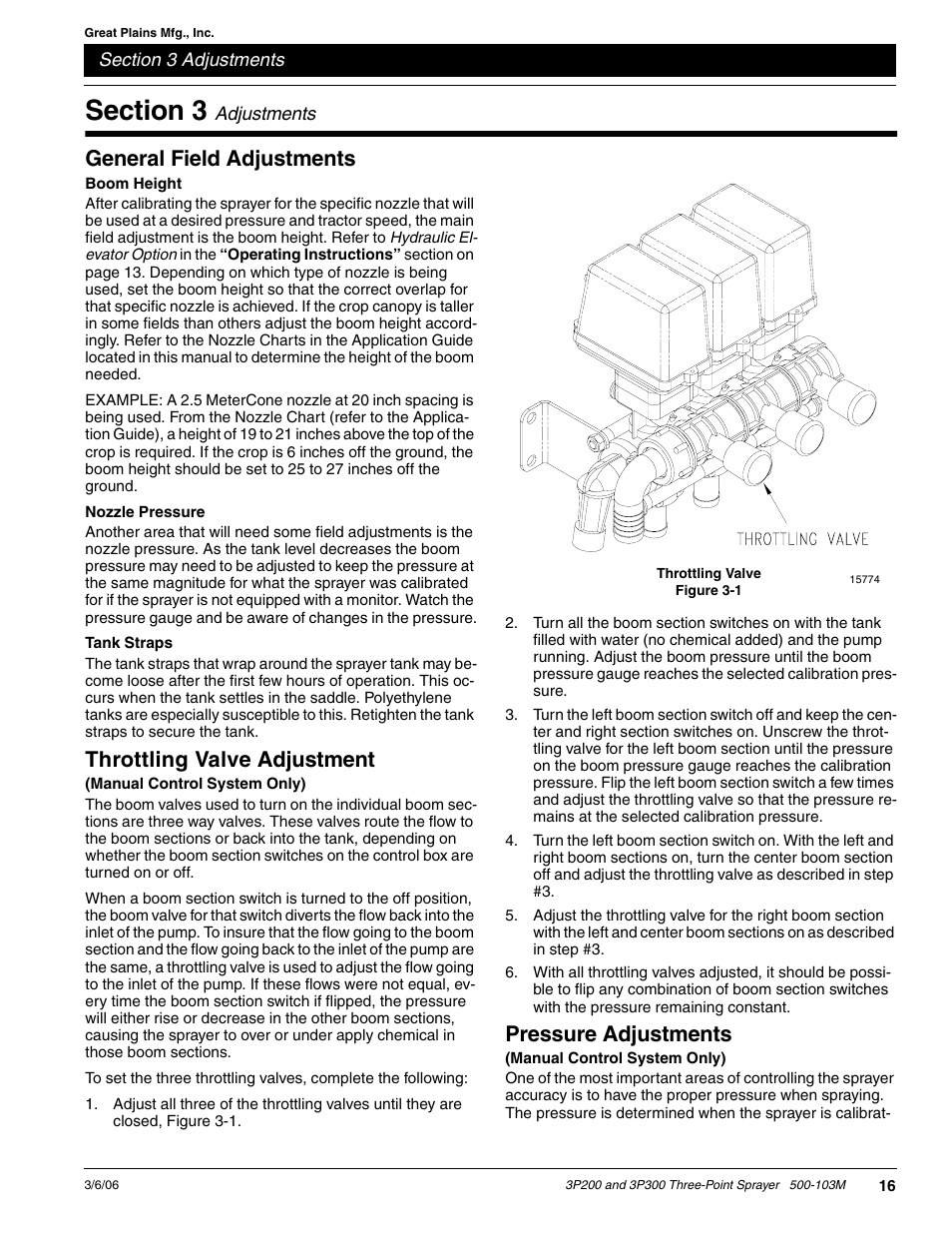 General field adjustments, Throttling valve adjustment, Pressure adjustments | Great Plains 3P300 Operator Manual User Manual | Page 18 / 29
