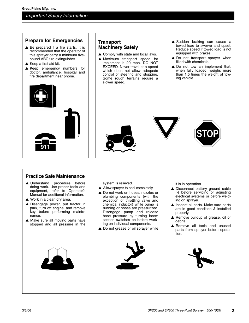 Important safety information, Transport machinery safely, Practice safe maintenance | Prepare for emergencies | Great Plains 3P300 Operator Manual User Manual | Page 4 / 29