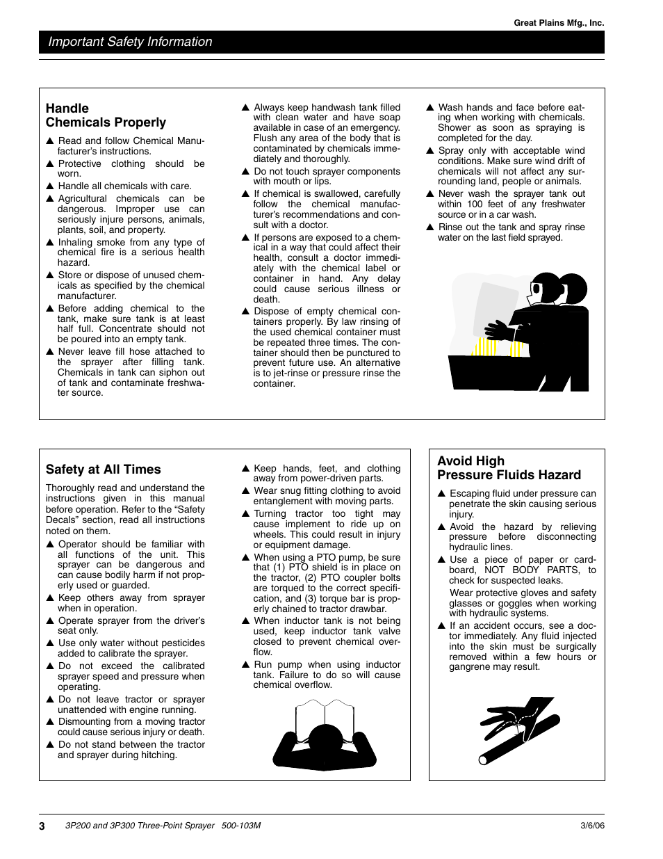 Important safety information, Avoid high pressure fluids hazard, Safety at all times | Handle chemicals properly | Great Plains 3P300 Operator Manual User Manual | Page 5 / 29