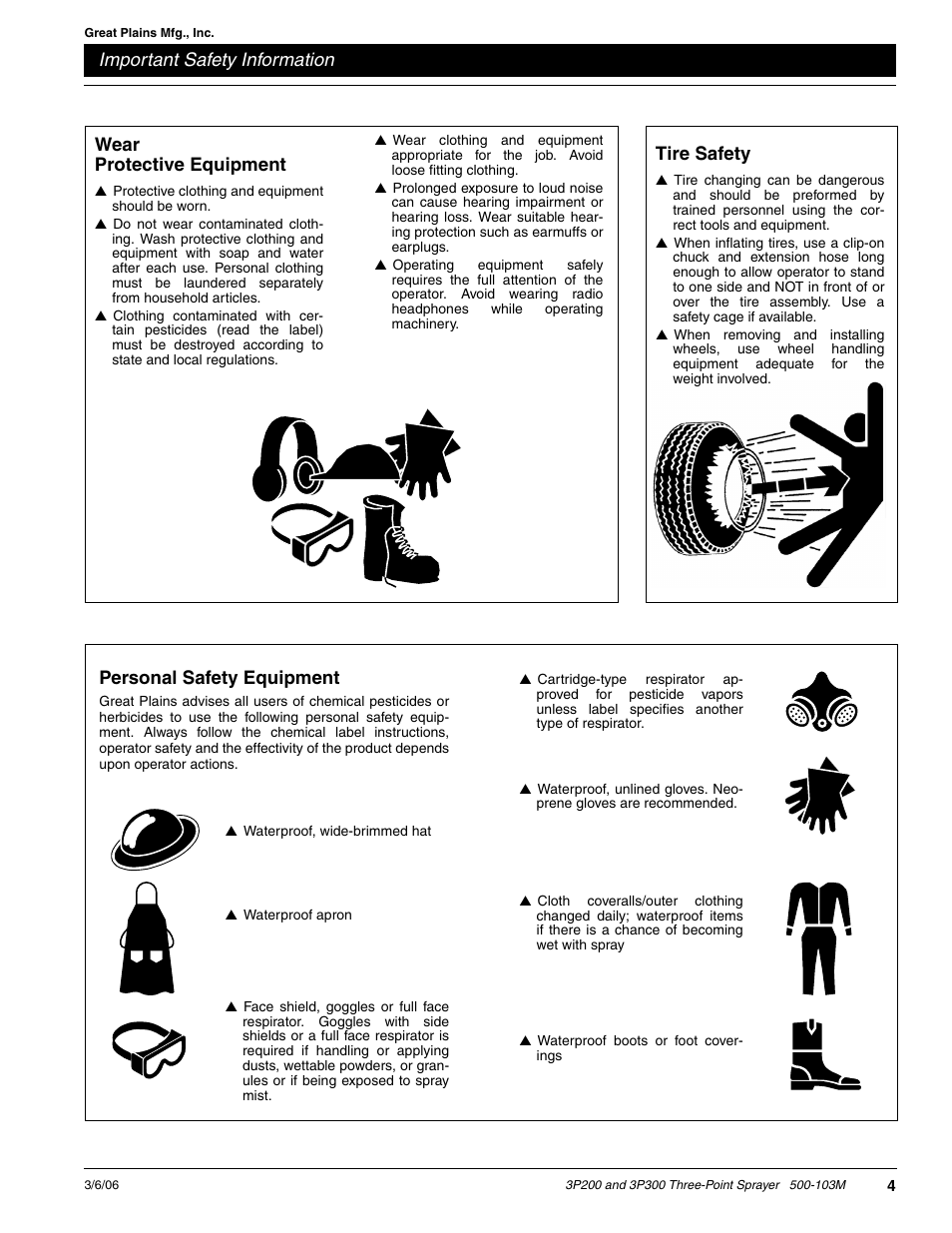 Important safety information, Wear protective equipment, Tire safety | Personal safety equipment | Great Plains 3P300 Operator Manual User Manual | Page 6 / 29