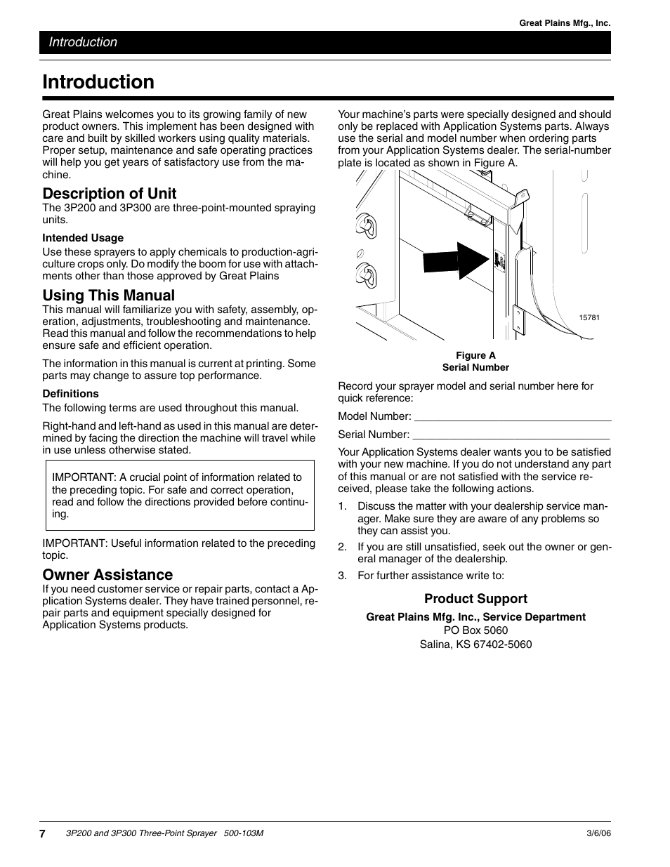 Introduction, Description of unit, Using this manual | Owner assistance | Great Plains 3P300 Operator Manual User Manual | Page 9 / 29