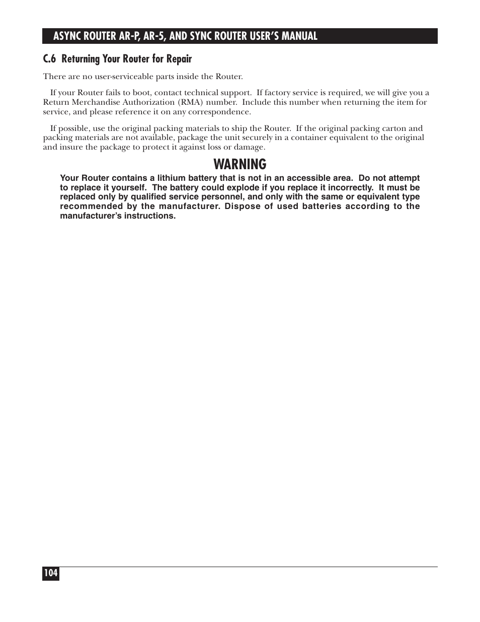Warning | Black Box LRA005A-R2 User Manual | Page 104 / 275