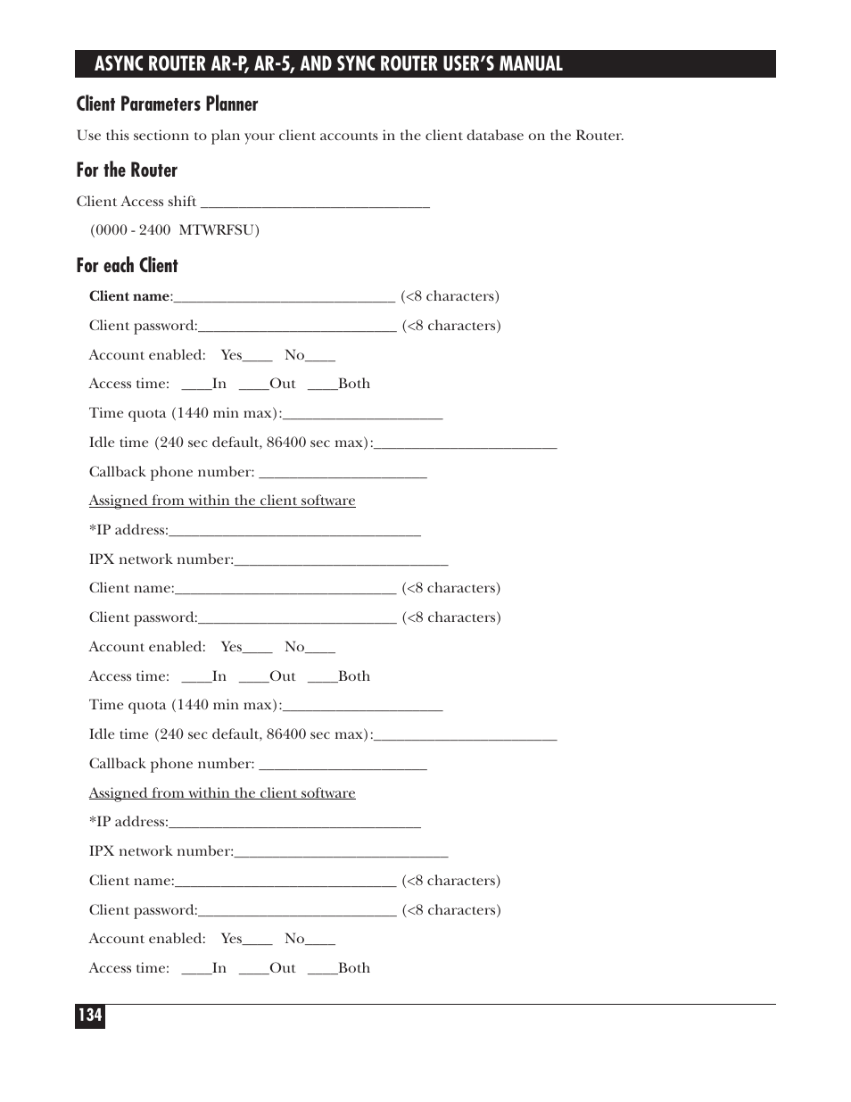 Client parameters planner, For the router, For each client | Black Box LRA005A-R2 User Manual | Page 134 / 275