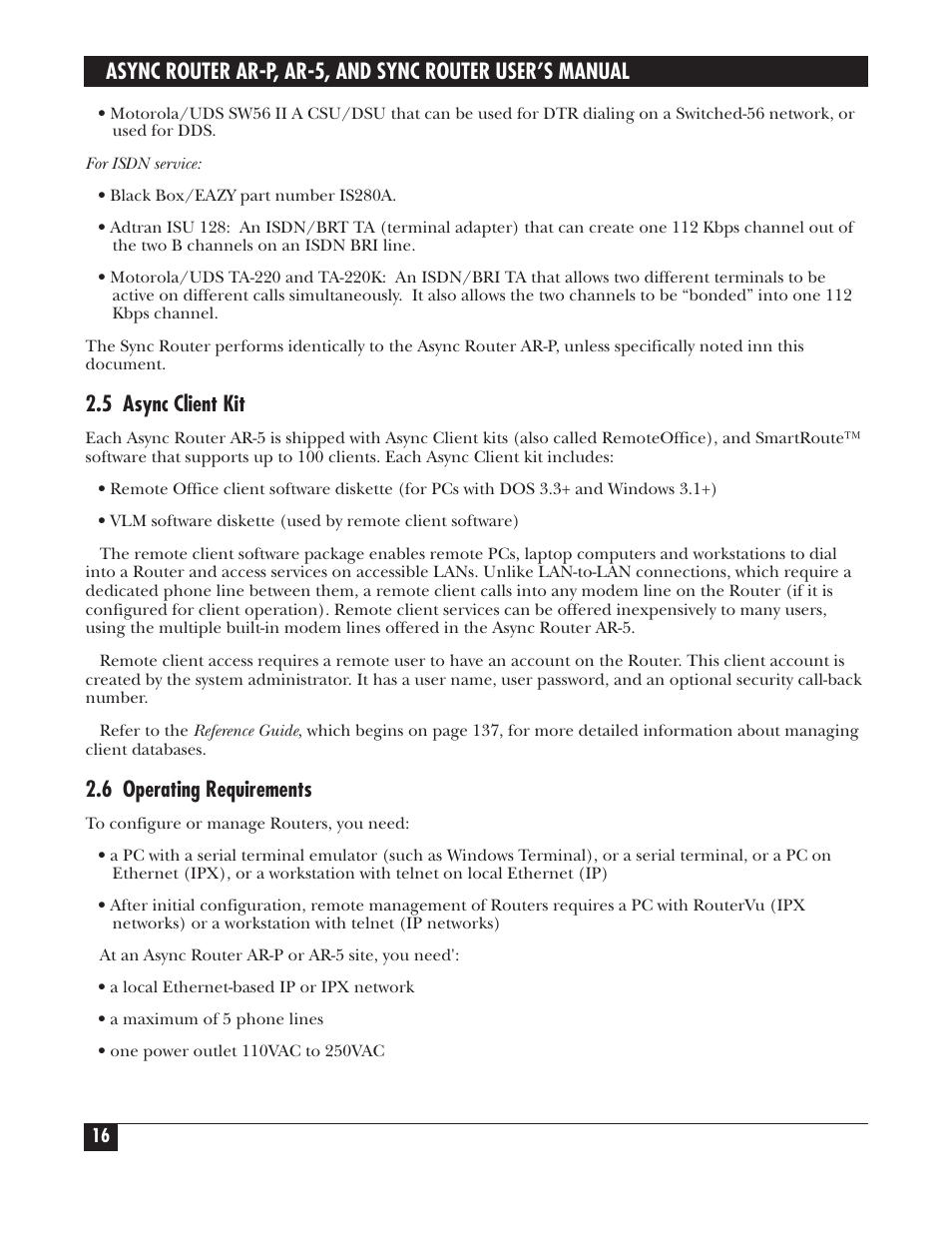5 async client kit, 6 operating requirements | Black Box LRA005A-R2 User Manual | Page 16 / 275