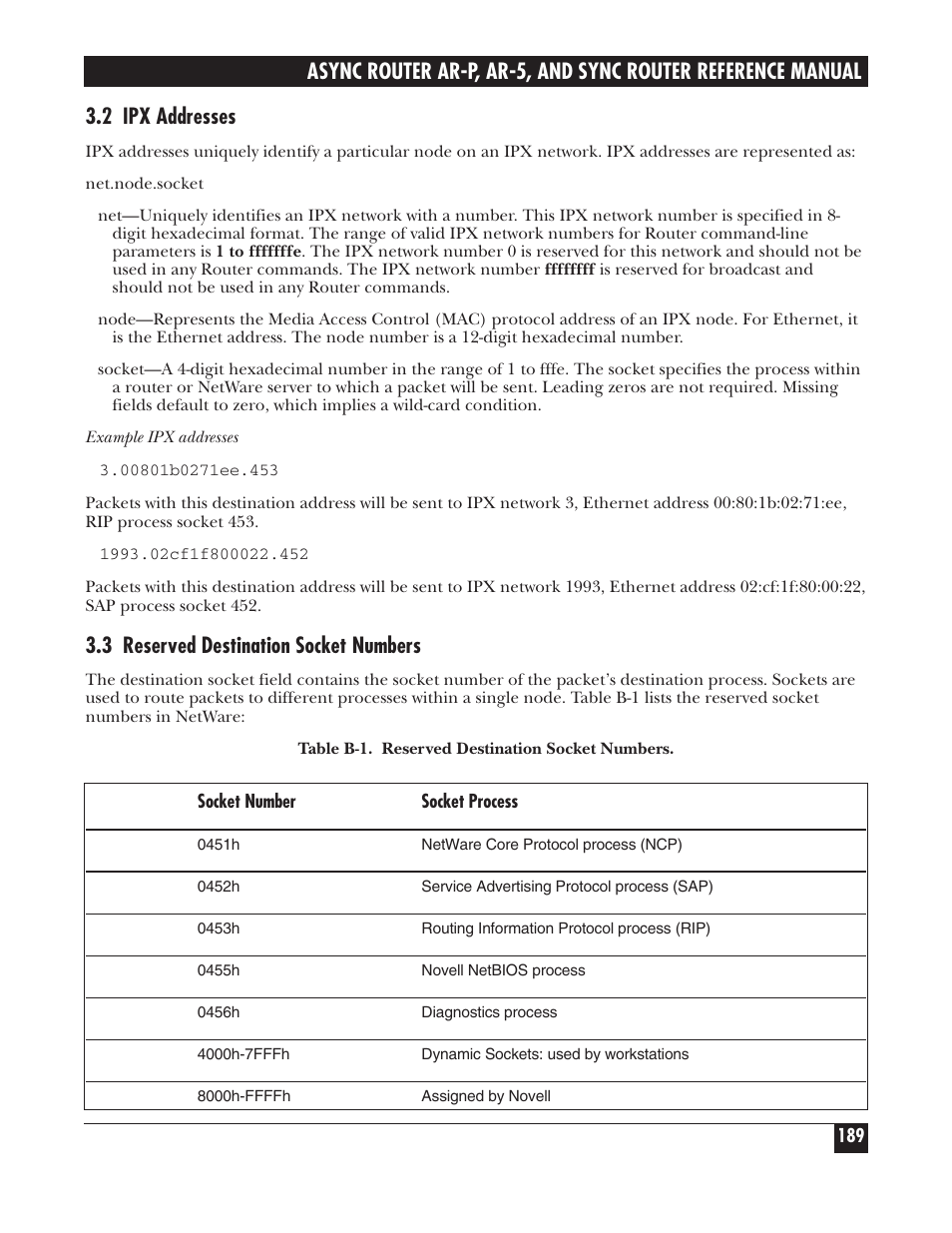 2 ipx addresses, 3 reserved destination socket numbers | Black Box LRA005A-R2 User Manual | Page 189 / 275