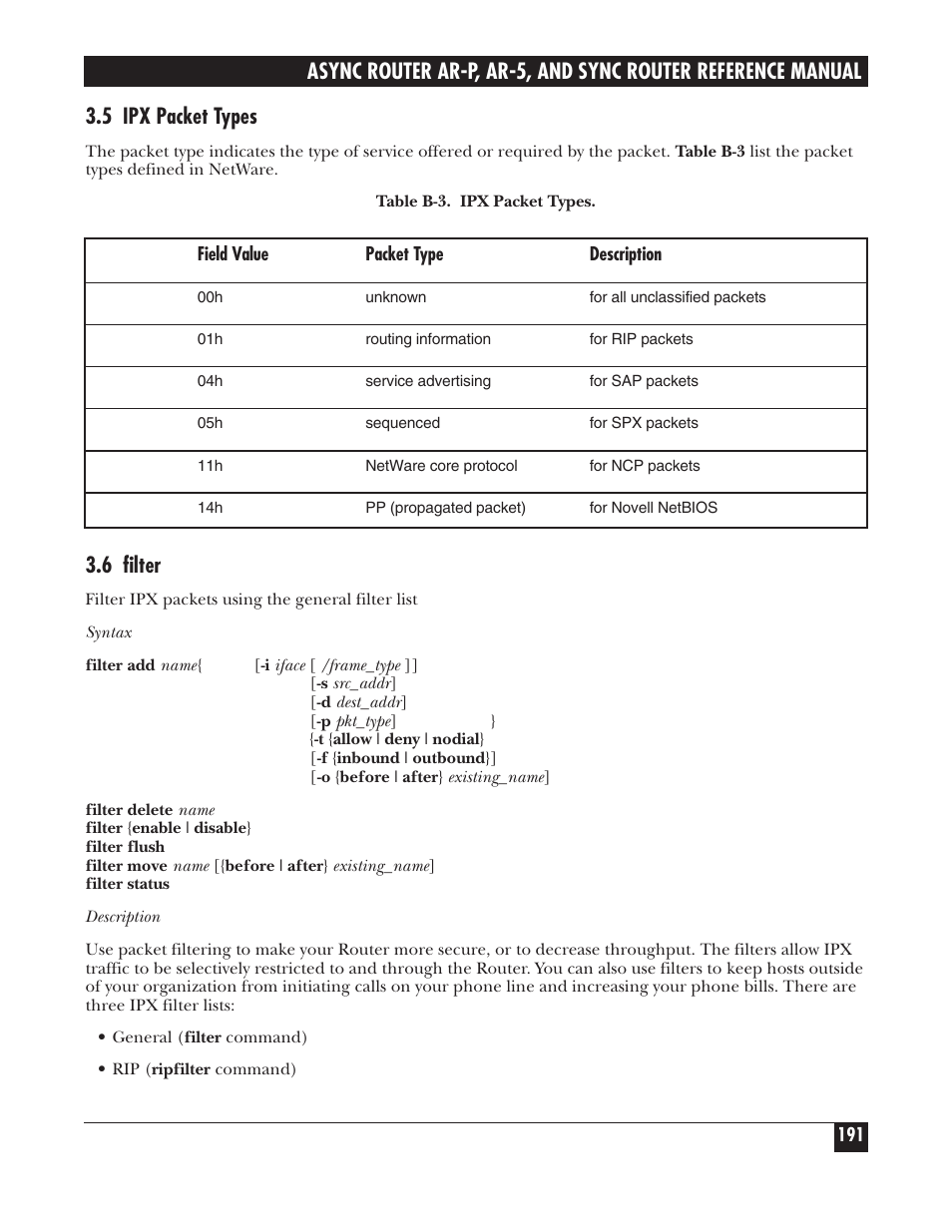 5 ipx packet types, 6 filter | Black Box LRA005A-R2 User Manual | Page 191 / 275