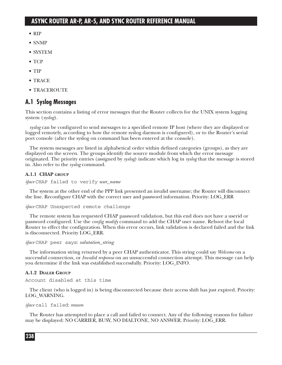 A.1 syslog messages | Black Box LRA005A-R2 User Manual | Page 238 / 275