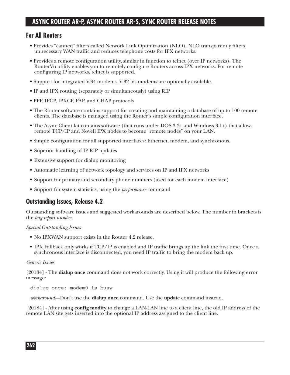 For all routers, Outstanding issues, release 4.2 | Black Box LRA005A-R2 User Manual | Page 262 / 275