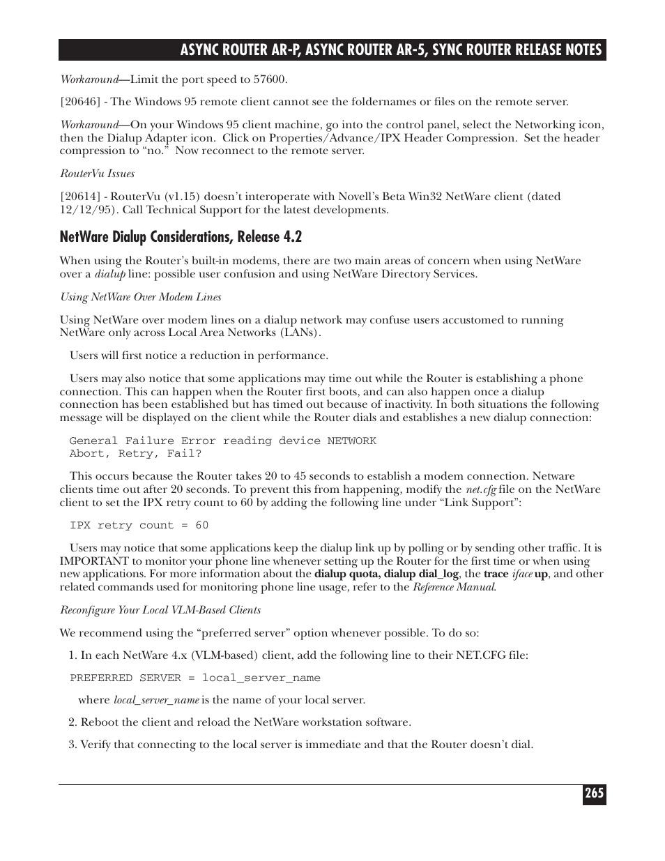 Netware dialup considerations, release 4.2 | Black Box LRA005A-R2 User Manual | Page 265 / 275