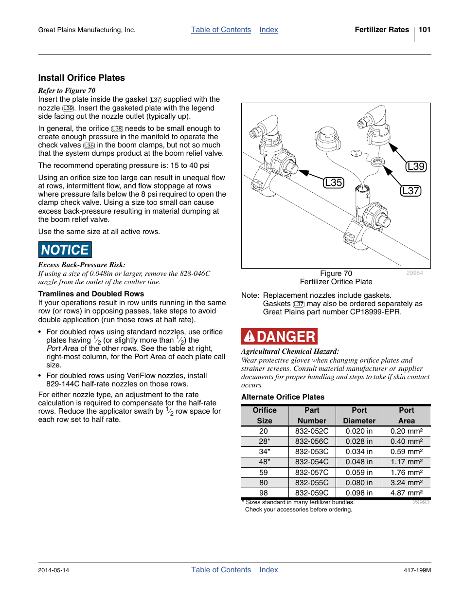 Install orifice plates, Alternate orifice plates, Tramlines and doubled rows | Great Plains NP4000B Operator Manual User Manual | Page 105 / 200