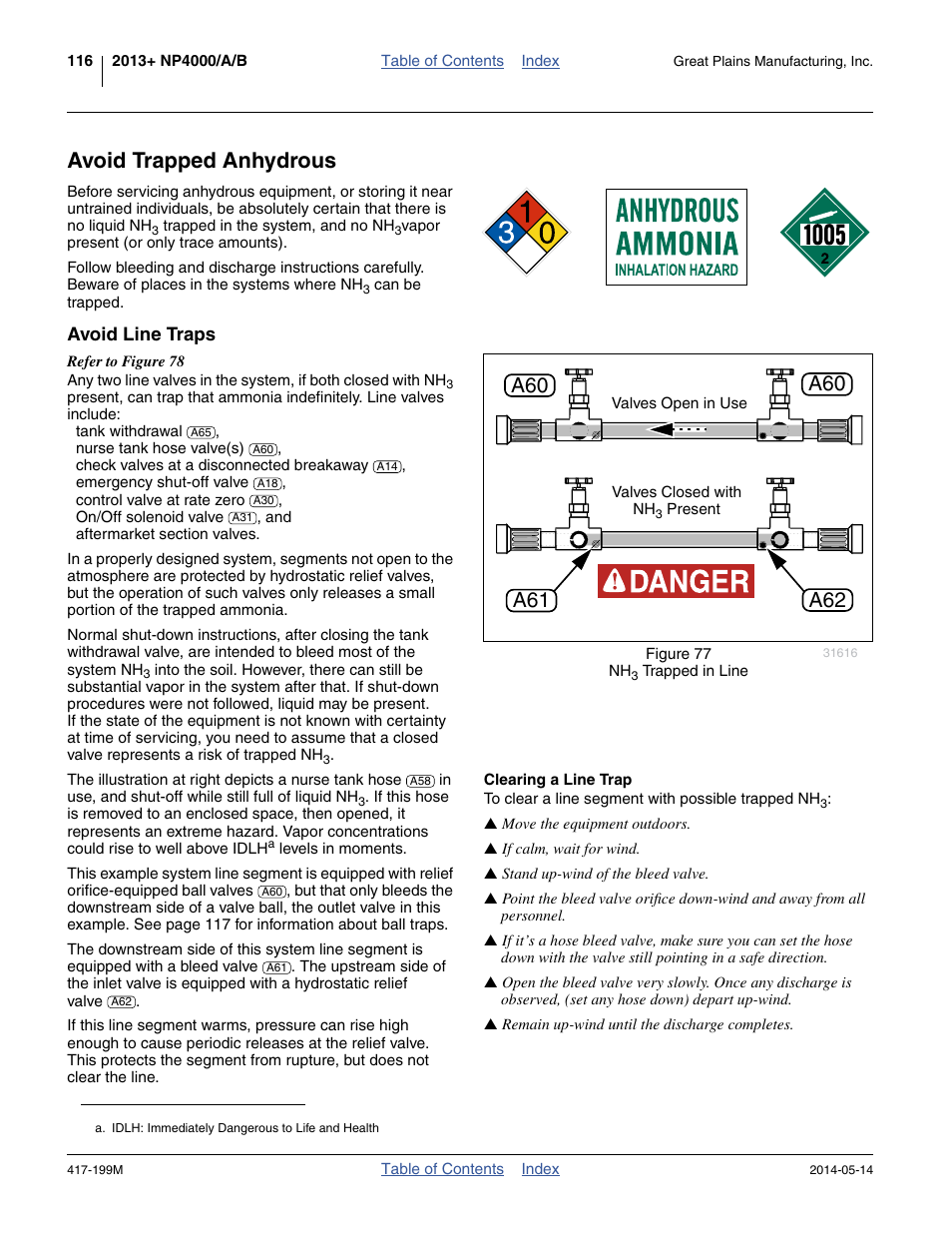Avoid trapped anhydrous, Avoid line traps, Clearing a line trap | Ven when completely disconnected. see “ avoid | Great Plains NP4000B Operator Manual User Manual | Page 120 / 200